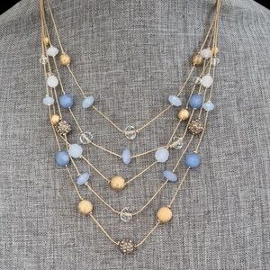 INC Multi Strand Gold Crystal Bead Pearlescent Statement Necklace Goddess Boho